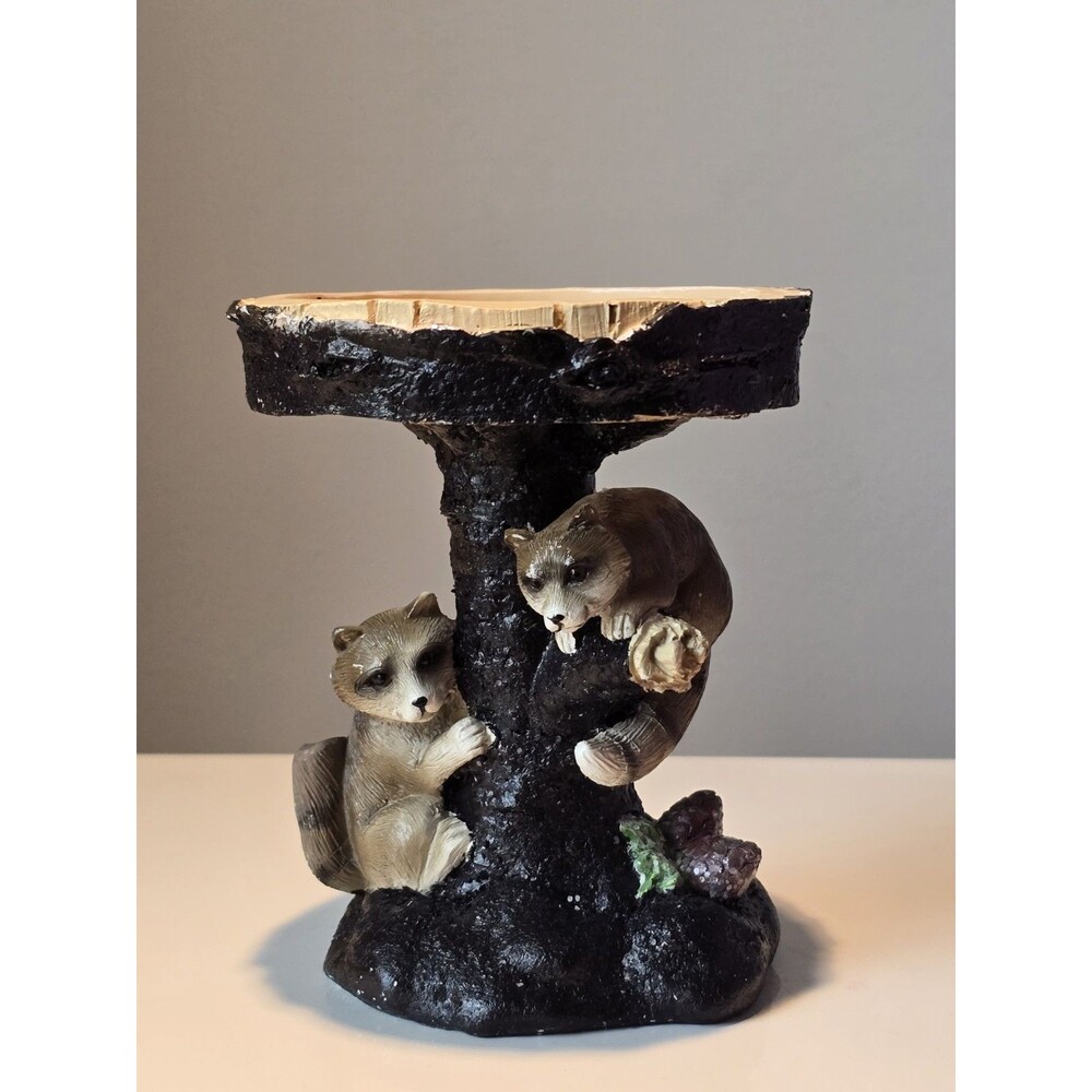 Vintage Resin Tree Stump Candle Holder Raccoon Bear Cub Woodland Cabin Decor